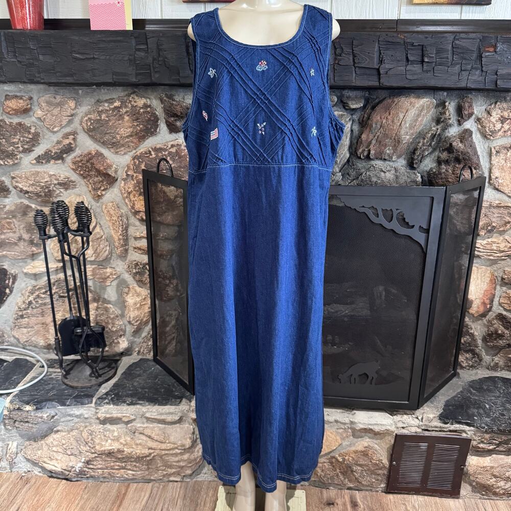 Vintage Koret Denim Dress Y2K Teacher Embroidered Americana Flower Retro sz 18W